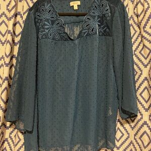 Style & Co. Teal Sheer Blouse with Lace Detail